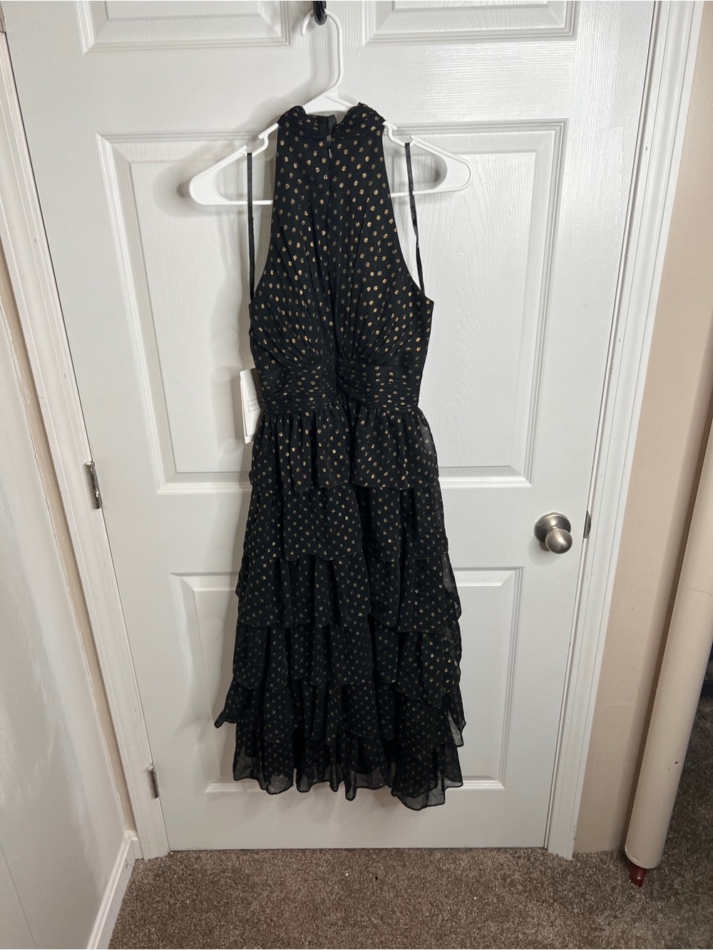Mac Duggal Black Tiered Halter Midi Dress with Gold Dot Accents